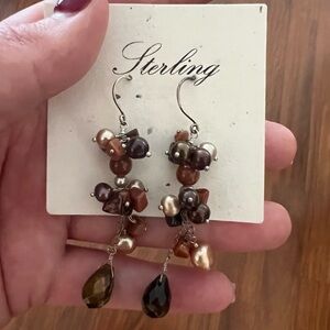New Sterling Silver Tiger’s eye, pearl and gold sandstone Cluster Drop Earrings